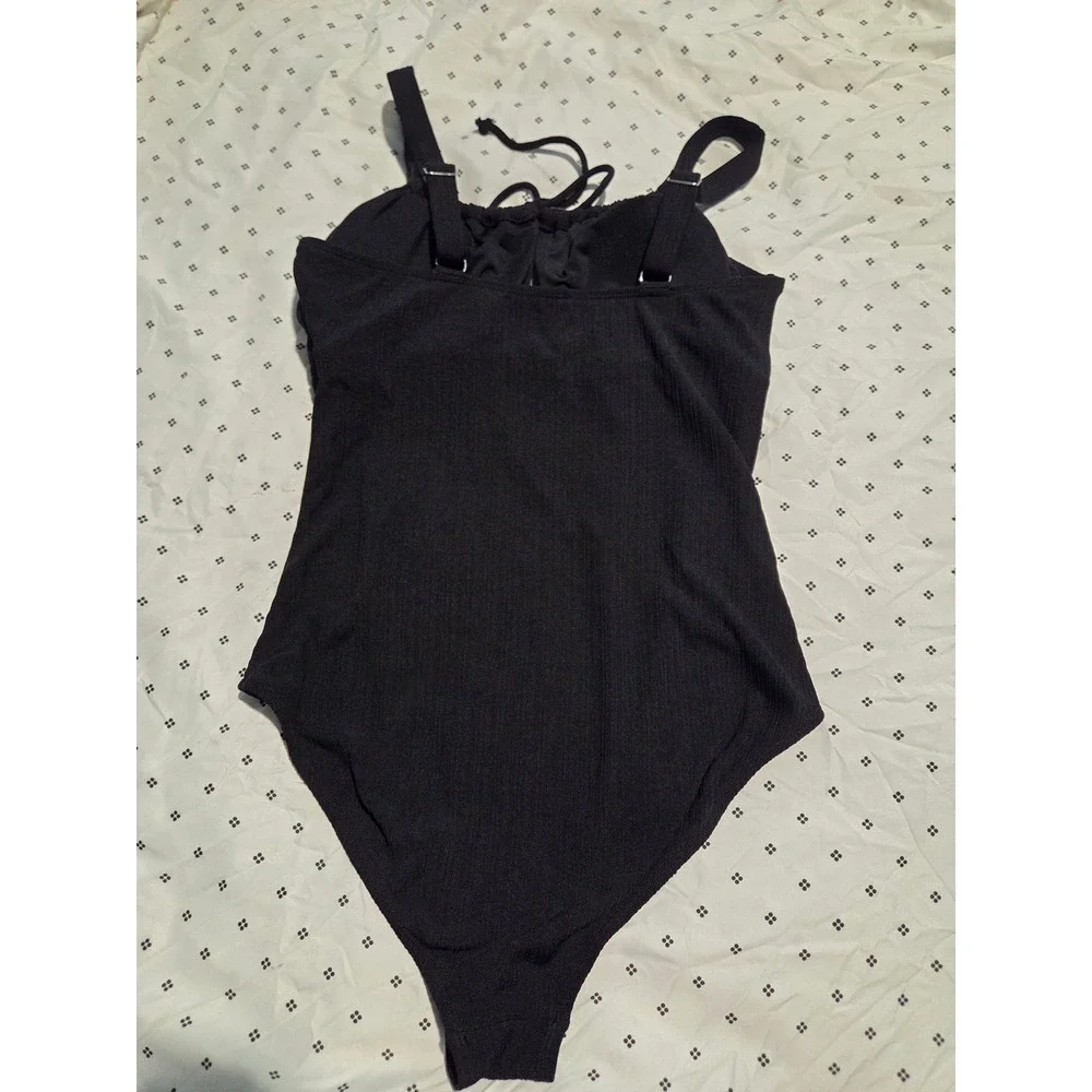 Black‎ Ribbed Tie Front Keyhole One Piece Swimsuit Womens Large